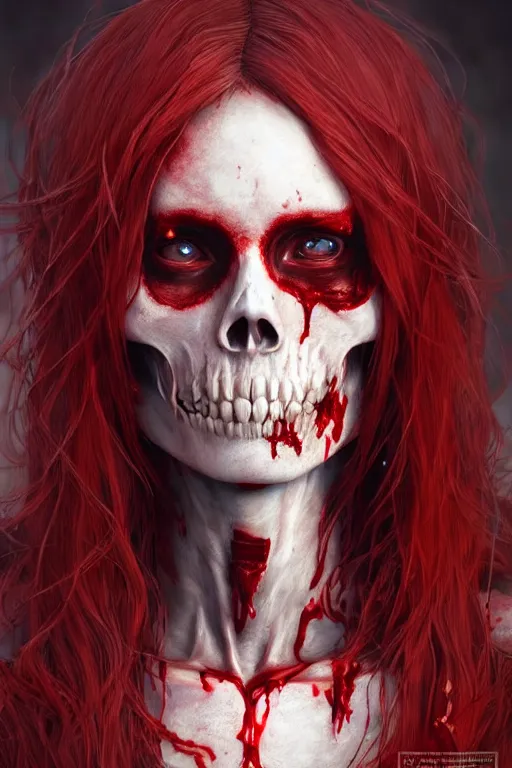 Prompt: woman skeleton covered with blood, long red hair, ultra realistic, concept art, intricate details, highly detailed, photorealistic, octane render, 8 k, unreal engine. mild film still, heavy grain, art by artgerm and greg rutkowski and alphonse mucha