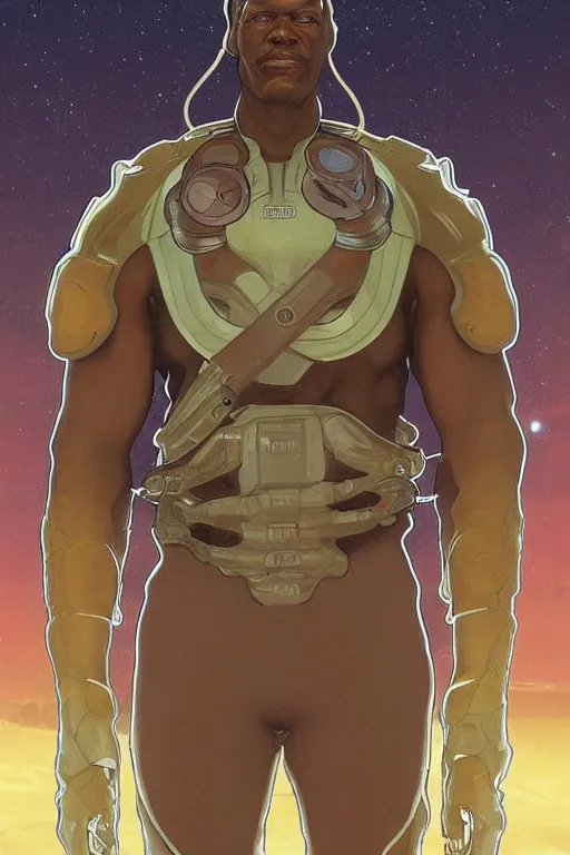 Image similar to upper body portrait of giant african man with a muscular neck wearing a scifi dune spacesuit, nebula in the background, illustration by normal rockwell and alphonse mucha, artstation character concept art
