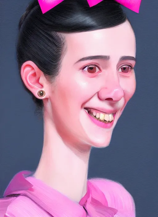 Image similar to portrait of high school girl, realistic, black hair, bangs, half updo hairstyle, pointy nose, skinny, smile, ugly, defined jawline, big chin, pink hair bow, earrings, intricate, elegant, glowing lights, highly detailed, digital painting, artstation, sharp focus, illustration, art by wlop, mars ravelo and greg rutkowski