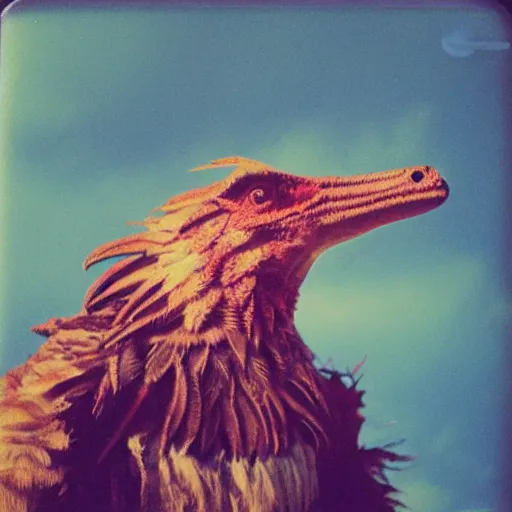 Image similar to blurry polaroid picture of a feathery dinosaur, 8K, HD, highly detailed, high quality