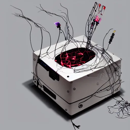 Image similar to a square computer coated in, clumps of hair, wires, leds, thermal sink, electronics,, skin, flesh, blood, guts and teeth, artstation