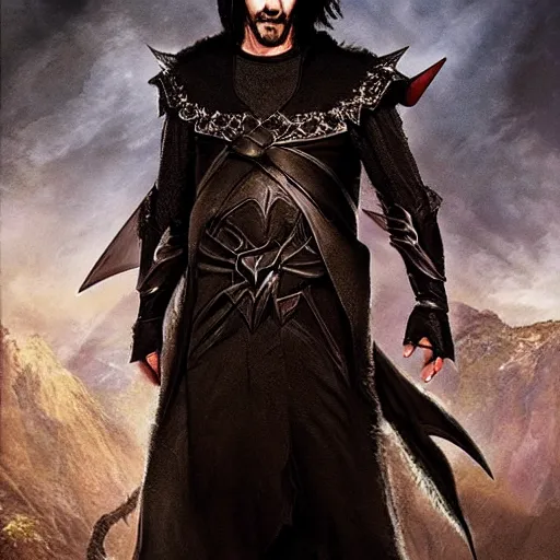 Image similar to keanu reeves as a shadowy fantasy elf elven warlock with dark magical armor and pointy ears