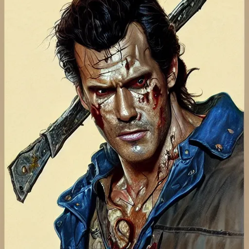 Image similar to portrait of the man from Evil Dead movie Ash Williams, \'Groovy\' fantasy, intricate, elegant, highly detailed, digital painting, artstation, concept art, smooth, sharp focus, illustration, art by artgerm and greg rutkowski and alphonse mucha