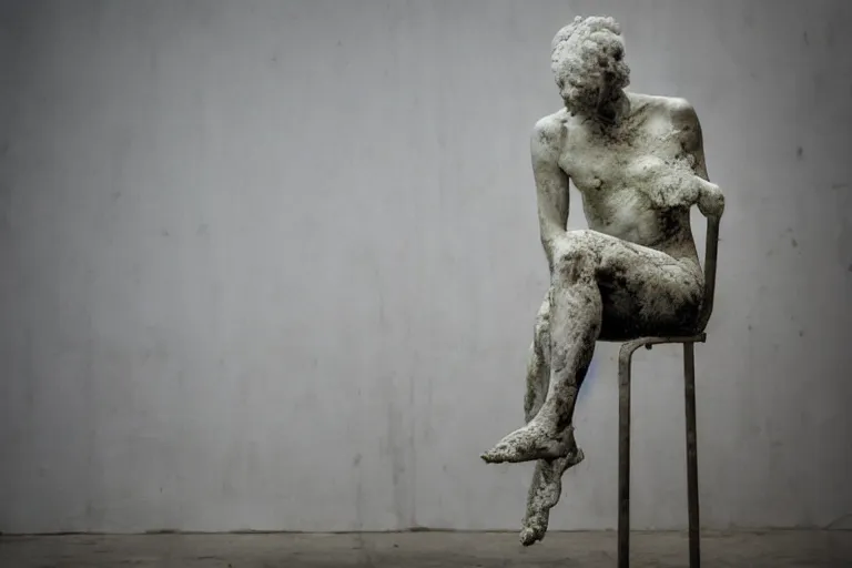 Image similar to a sculpture of a person sitting on top of a chair, a marble sculpture by nicola samori, behance, neo - expressionism, marble sculpture, apocalypse art, made of mist, masterpiece, bokeh, soft light