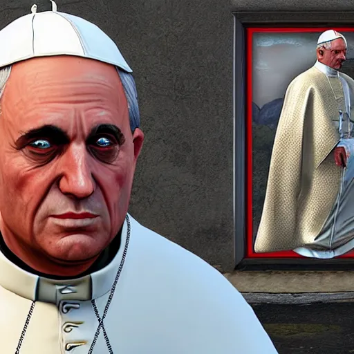 Image similar to the pope as a game character in gta 5, game graphics, game screenshot, in the style of rockstar advanced game engine