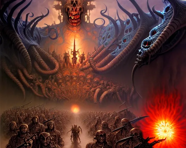 Image similar to the army of darkness and hell, fantasy character portrait made of fractals facing each other, ultra realistic, wide angle, intricate details, the fifth element artifacts, highly detailed by peter mohrbacher, hajime sorayama, wayne barlowe, boris vallejo, aaron horkey, gaston bussiere, craig mullins