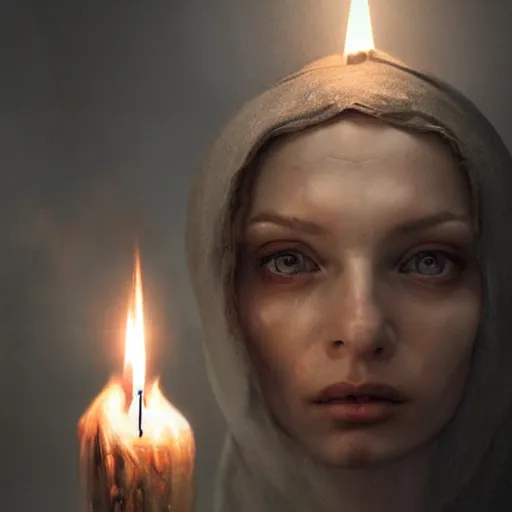 Image similar to photo realistic image of a witches magic candle, stunning 3 d render inspired art by istvan sandorfi and greg rutkowski, perfect facial symmetry, realistic, highly detailed attributes and atmosphere, dim volumetric cinematic lighting,