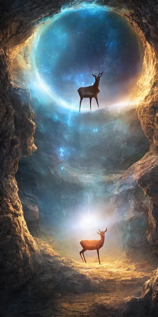 Prompt: a deer standing in front of a giant portal into the universe in the shape of a keyhole to the dimension of prisms, beautiful matte painting by weta workshop 4 k, cinematic dramatic atmosphere, dramatic lighting, trending on artstation