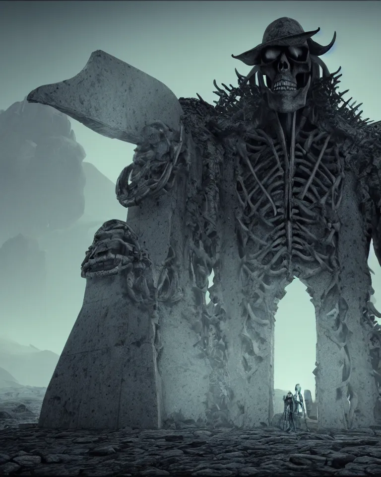 Image similar to a full - face portrait of a giant skeleton overlooking a tombstone mountain, surrealism, rendered in octane, 4 k, concept art, elden ring monster, dark souls