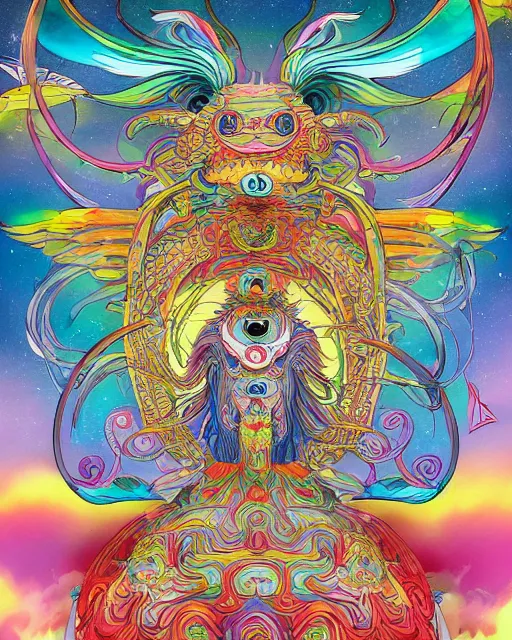 Image similar to bicameral humanoid mythical beast, fantastical, cute, and beautiful hybrid of different animals, a humorous psychedelic creature concept design by Moebius, Studio Ghibli, in the style of Takashi Murakami, symmetrical 4K