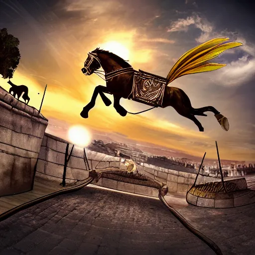 Image similar to roman horsedrawn chariot racer jumping high on half pipe, fish eye, tony hawk, video game