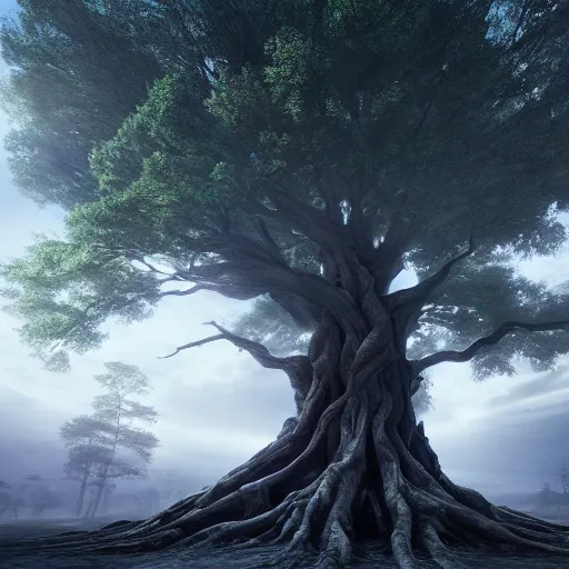 Image similar to full body pose, hyperrealistic photograph of the world tree, dim volumetric lighting, 8 k, octane beautifully detailed render, extremely hyper detailed, intricate, epic composition, cinematic lighting, masterpiece, trending on artstation, very very detailed, stunning, hdr, smooth, sharp focus, high resolution, award, winning photo, dslr, 5 0 mm