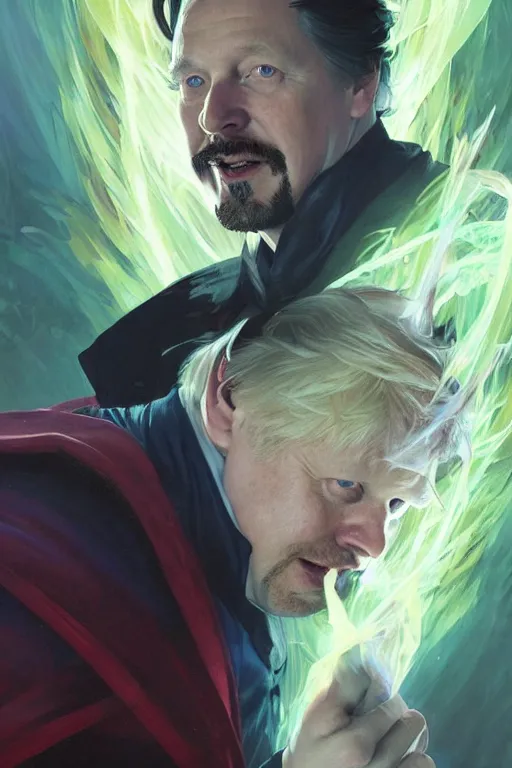 Image similar to Boris Johnson as Dr. Strange, highly detailed character in digital fantasy, painted portrait, artstation, concept art, hard focus, illustrations, works by Artgerm and Greg Rutkowski, Alphonse Mucha and Craig Mullins, James Gene, Andrey Ryabovichev, Mark Simonetti and Peter Morbacher, 16 thousand