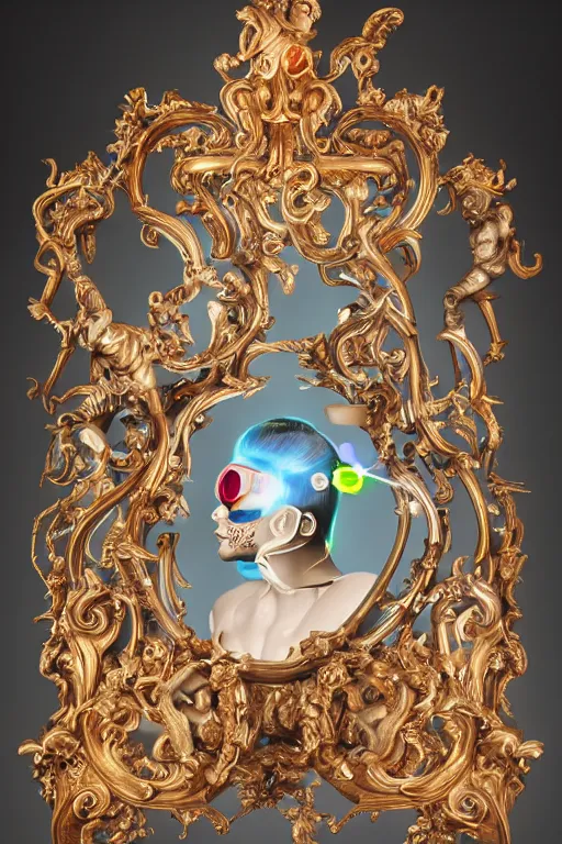 Image similar to full-body neon porcelain bladerunner and rococo style sculpture of a young handsome Cuban prince wearing cholo shades as a half android with a porcelain chest opening exposing circuitry and electric sparks, glowing laser beam eyes, crown of giant diamonds, flowing neon-colored silk, fabric, raptors. baroque elements. full-length view. baroque element. intricate artwork by caravaggio. many many birds birds on background. Trending on artstation, octane render, cinematic lighting from the right, hyper realism, octane render, 8k, depth of field, 3D