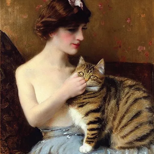 Image similar to young woman petting her cat by alfred stevens