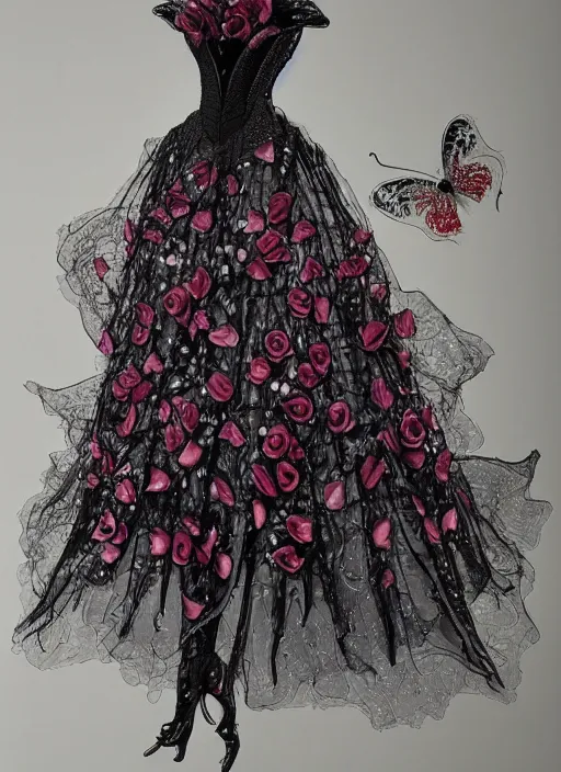 Prompt: costume design manuscript ， a haute couture dress of melting roses and butterfly, costume design, by ziad nakad, fluid dynamics, highly detailed
