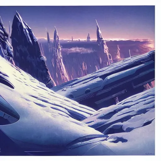 Prompt: Frozen frontiers on an alien planet, mountains above clouds in the background, Syd Mead, John Harris, Federico Pelat,