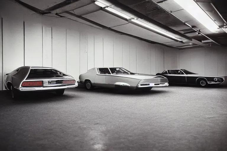 Prompt: single 1969 Alfa Romeo Montreal Thunderbird, inside of a minimalist Tokyo garage, ektachrome photograph, volumetric lighting, f8 aperture, cinematic Eastman 5384 film