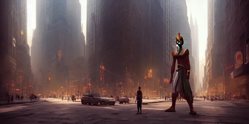 Image similar to an egyptian god walking the streets of new york, digital art, landscape, fantasy art, octane render, unreal engine, high detail, very realistic, by ross tran. by james gurney