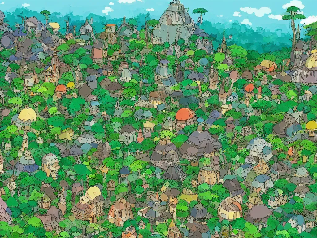 Image similar to a microscopic village in the deep jungle, studio ghibli, anime, flat colors, 8 k wallpaper, trending on artstation