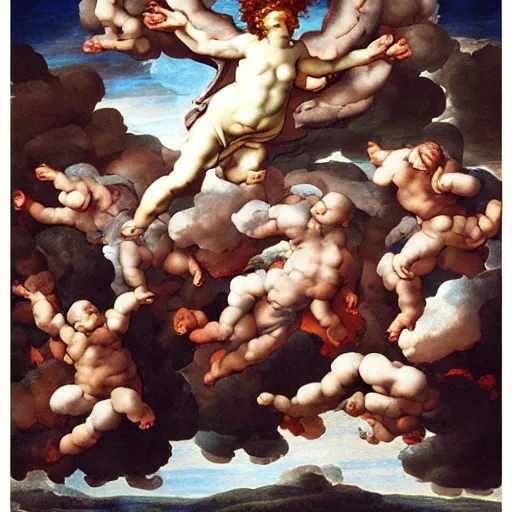 Image similar to Beautiful realistic painting of a cloudy sky with angels, electric storm, monotonous, volumetric light, ultradetailed, surrealism by Michelangelo