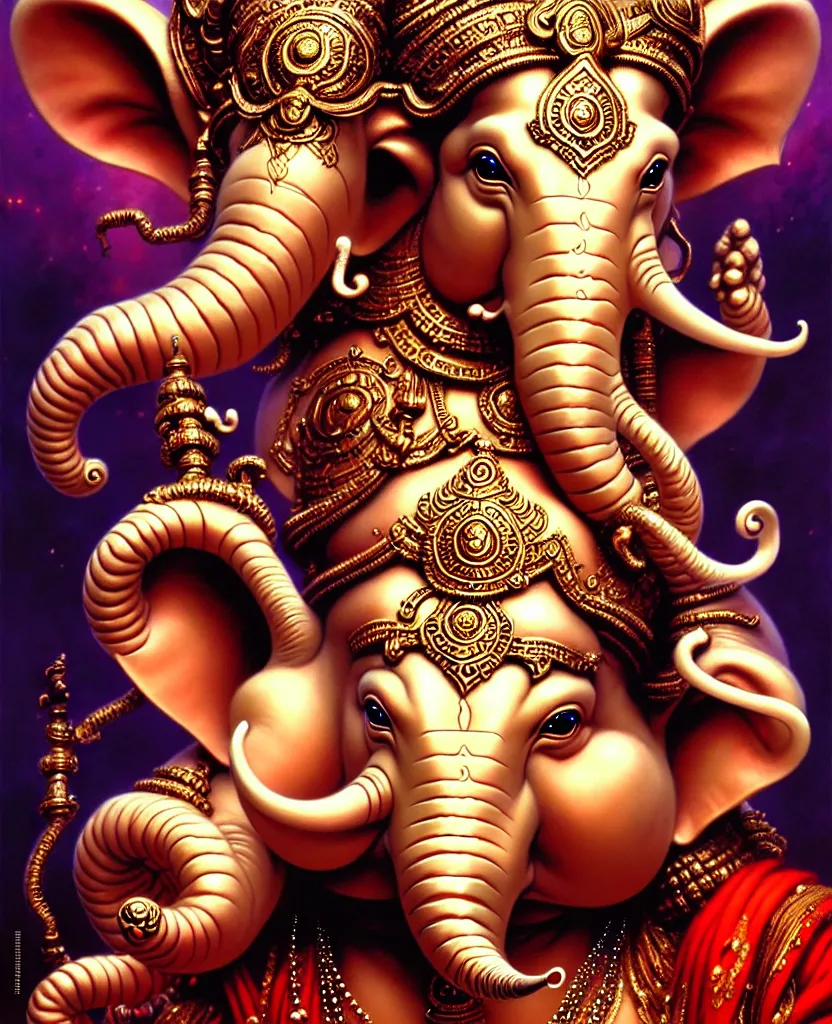 Image similar to beautiful ganesha fantasy character portrait, close - up, headshot, ultra realistic, intricate details, the fifth element artifacts, highly detailed by peter mohrbacher, hajime sorayama, wayne barlowe, boris vallejo, aaron horkey, gaston bussiere, craig mullins