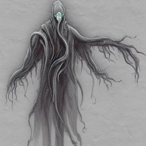 Prompt: concept designs for an ethereal ghostly wraith like figure made from wispy billowing smoke and sparks of electricity with a squid like parasite latched onto its head and long tentacle arms that flow lazily but gracefully at its sides like a cloak while it floats around a frozen rocky tundra in the snow searching for lost souls and that hides amongst the shadows in the trees, this character has hydrokinesis and electrokinesis for the resident evil village video game franchise with inspiration from Shuma gurath from marvel, the franchise Bloodborne and the mind flayer from stranger things on netflix in the style of a marvel comic