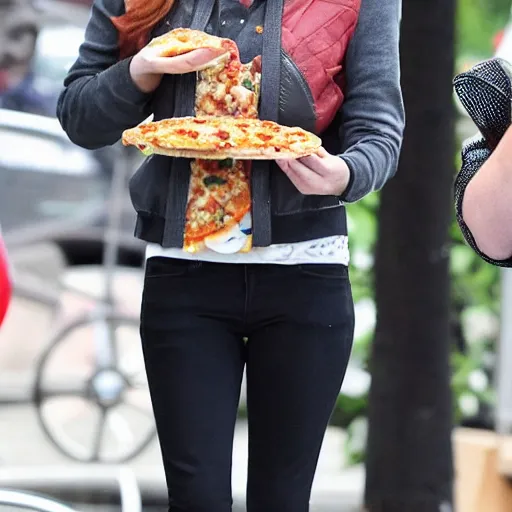 Image similar to paparazzi photo of Anna Kendrick eating two pizzas at once