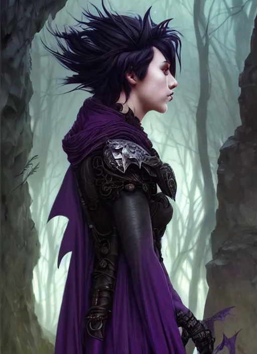 Image similar to side portrait crow, adventurer outfit large cloak, fantasy forest landscape, dragon scales, fantasy magic, undercut hairstyle, short purple black fade hair, dark light night, intricate, elegant, sharp focus, illustration, highly detailed, digital painting, concept art, matte, art by WLOP and Artgerm and Greg Rutkowski and Alphonse Mucha, masterpiece