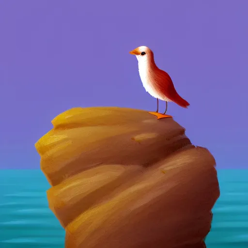 Image similar to ilustration a cute little bird perched on a rock watching the ocean and the waves with their foam, the sky with fluffy clouds and makes a warm light, sharp focus, highly detailed, artstation