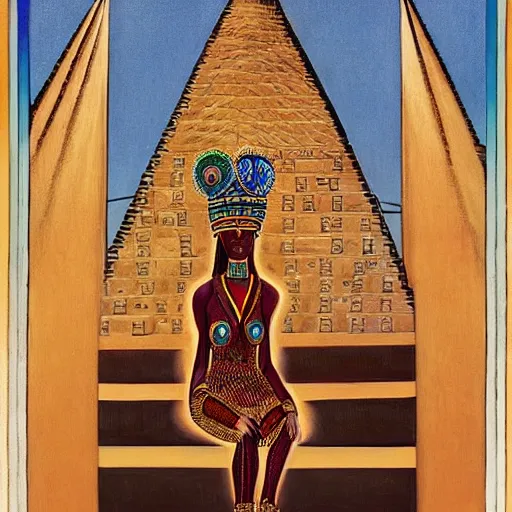 Image similar to a high priestess sitting cross - legged in front of a golden pyramid, by abdul mati klarwein