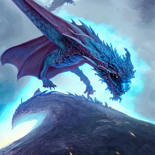 Image similar to Gigantic blue scaled dragon devouring an earth like planet while flying in space, sun system, dark souls boss dragon, nebula, oil painting, by Fernanda Suarez and Edgar Maxence and Greg Rutkowski