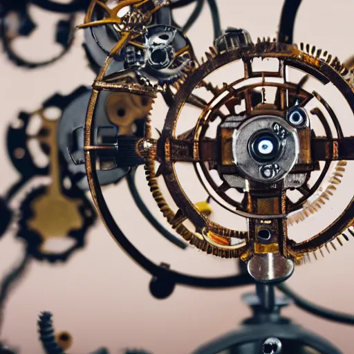 Prompt: macro photograph of a mechanical clockwork spider, intricate miniature machinery