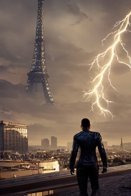 Image similar to in the foreground Paris, in the background a dark-haired man from behind playing with lightning coming out of his hands wearing a long matrix-style jacket, realistic, high definition, many details, dramatic scene, symmetrical face, realistic eyes, cyberpunk art 2077