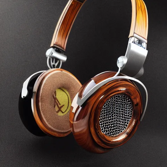 Prompt: masterpiece photo of beautiful hand crafted artistic detailed transparent headphones, bismuth metal, electronics see through, plush leather pads, displayed on mahogany desk, modernist headphones, bismuth beautiful well designed, hyperrealistic, audiophile, intricate hyper detail, extreme high quality, photographic, audeze, sennheiser, raal, bang olufsen, abyssal