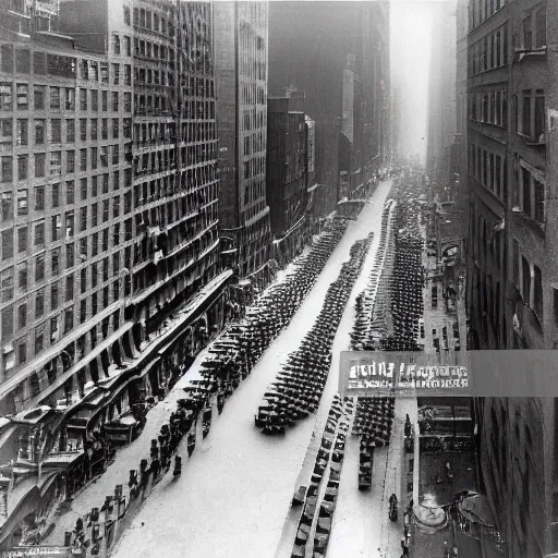 Prompt: view from 1920's New York apartment of the street below. Depression era protest. Black and white photo.