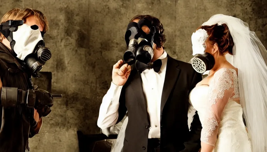 Image similar to disturbing big budget hollywood movie bride and groom wearing gas masks at the marriage of reason and squalor perfect composition dramatic lighting chiaroscuro