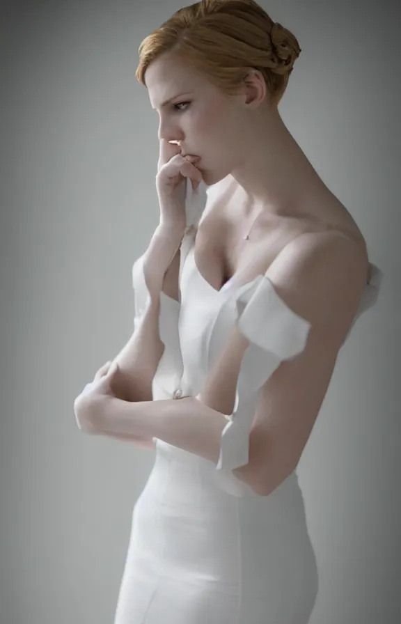 Image similar to photo of gorgeous seductive tall emily skinner cosplaying annie leonhart wearing elegant white dress, wearing open toe heels, in a white room, beautiful face, pale skin, rule of thirds, cinematic lighting, sharp focus, backlit, stunning, smooth, hard focus, full body shot, studio photo, shot on sony a 7 iii