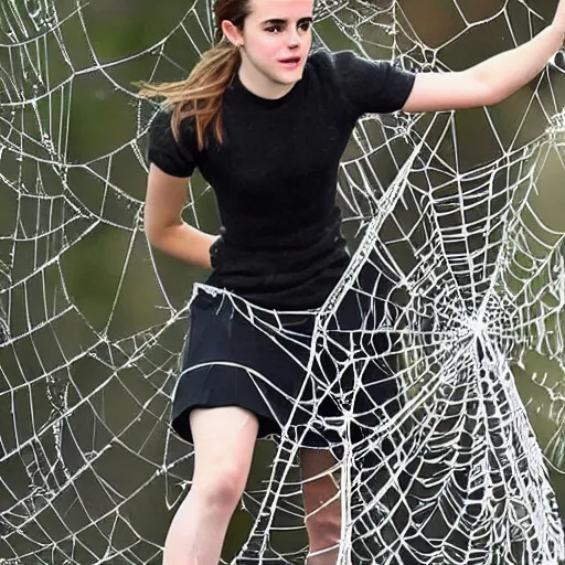 Image similar to emma watson entangled and stuck in spider web