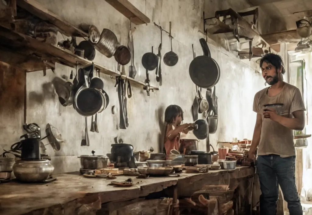 Image similar to movie still of a kitchen room, directed by joko anwar, 4 kuhd, award winning, highly detailed, cinematic