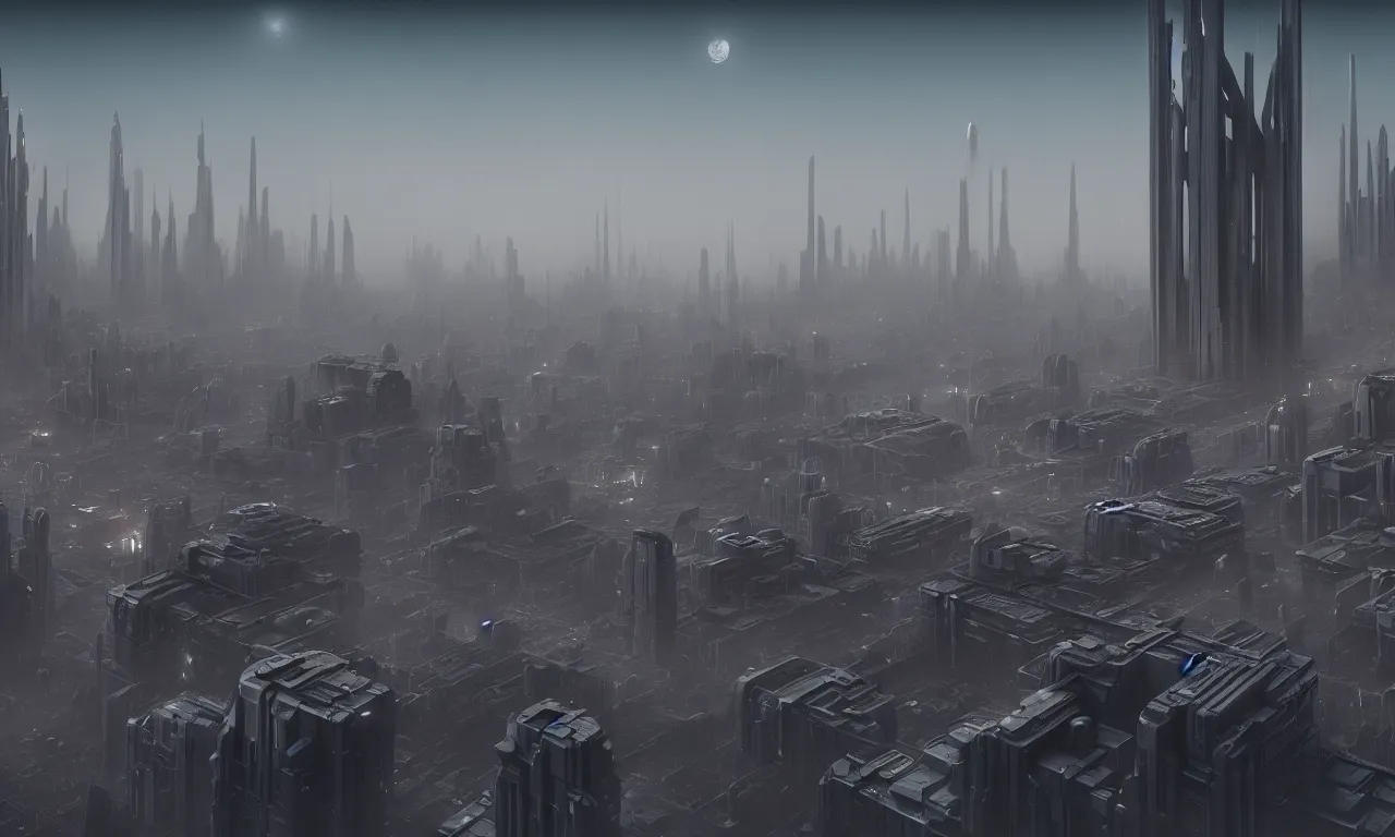 Image similar to brutalist alien city civilization, matte painting by Martin Deschambault, trending on artstation, octane render, cinematic, elegant, intricate, 8k, scifi