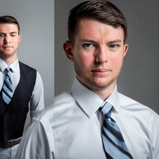 Prompt: corporate portrait junior sales executive oblivious to soul crushing reality of life, professional studio lighting
