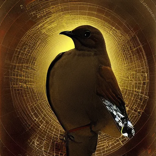 Image similar to a thrush bird wandering within the virtual realms of urban informatics and computational social science, artwork by dave mckean and ivan shishkin