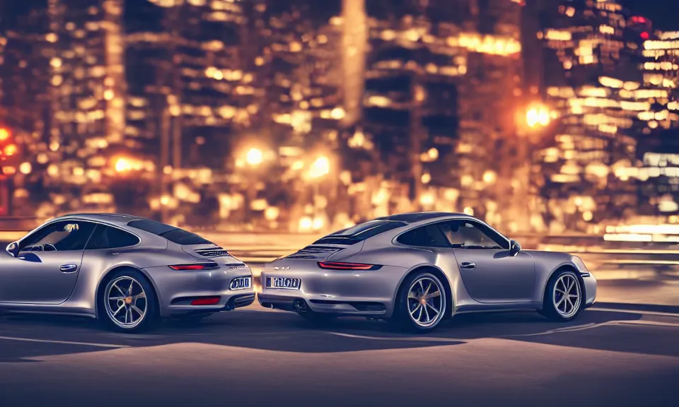 Image similar to photo of a porsche 911 at night in a city, dof, chromatic aberration, cinematic, 4k