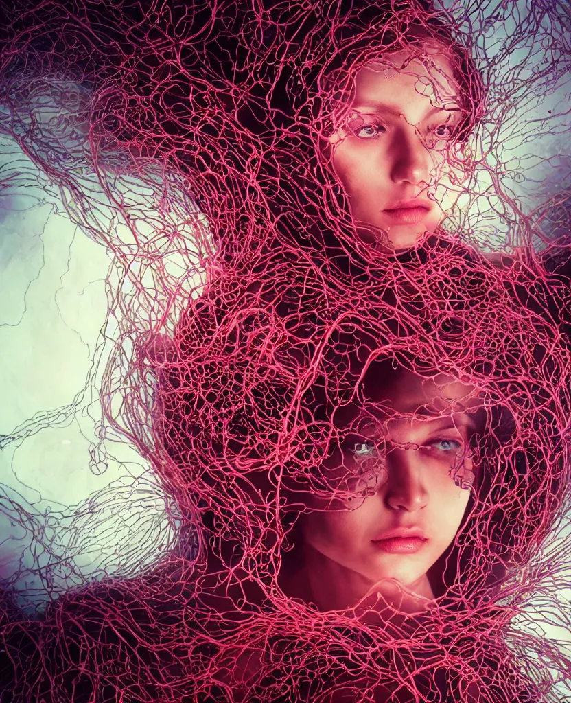 Prompt: beautiful portrait of the priestess of pain and sorrow, intricate tendrils forming a string structure, chaotic swirling ferrofluids, occult, octane render, glow, surreal dramatic lighting, intricate fine ornaments, translucent, lighting 8k, cinematic, blur, shallow depth of field, neuro web, plasma, neon, glimpse of red