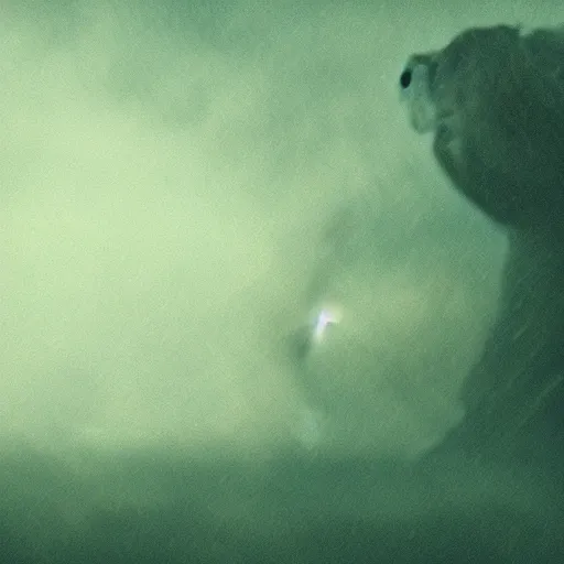 Image similar to low - resolution filmstill of a kaiju monster, fog, thriller, underdeveloped, flare, epic, dramatic