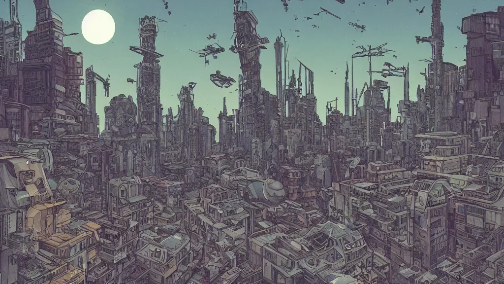 Image similar to very detailed, prophet graphic novel, ilya kuvshinov, mcbess, rutkowski, simon roy, ghibli studio, illustration of decrepit arcologies skyline dystopian megacity with space junk floating in the sky on a dead planet earth, wide shot, colorful, deep shadows, astrophotography