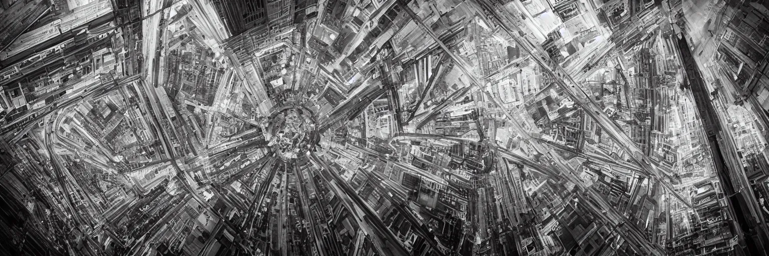 Image similar to Captured in the flow of time. Art deco. The city as network. Metropolis. Intricate. Sense of awe. Photoreal. In the style of Magnum photography. Monochrome