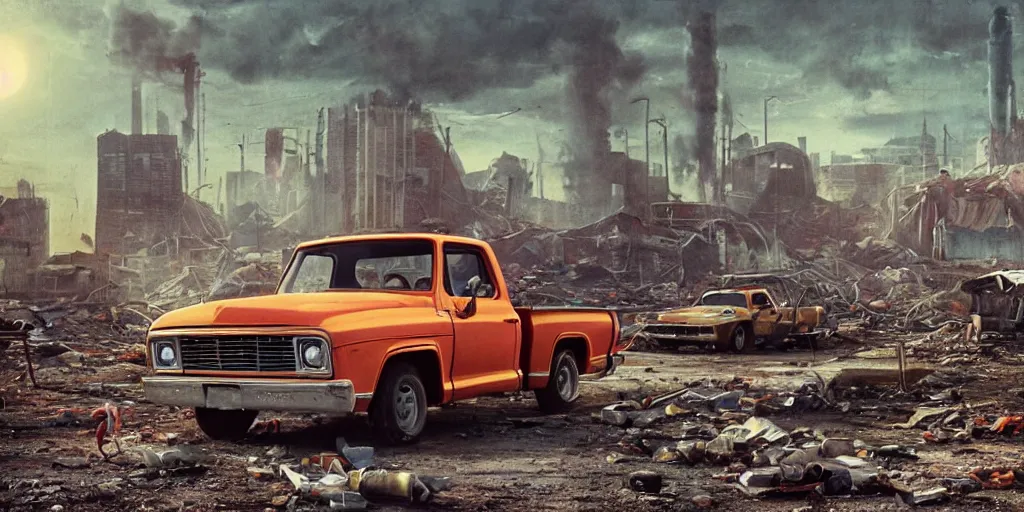 Image similar to 1970s photography of a truck driver wearing a cap sitting on an folding chair next to his colorful truck in a apocalyptic wasteland, tornado and apocalyptic city in the background, detailed intricate insanely detailed octane render, 8k artistic photography, photorealistic, chiaroscuro, hd, by David Cronenberg, Raphael, Caravaggio