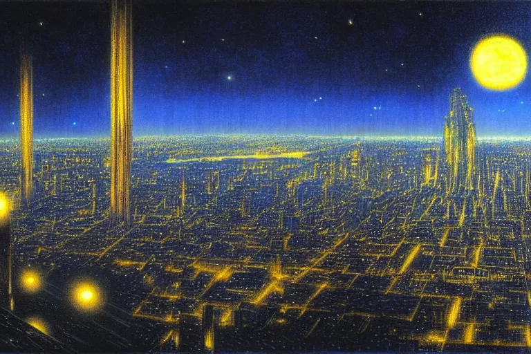 Prompt: a scifi illustration, Night City on Coruscant by edward robert hughes